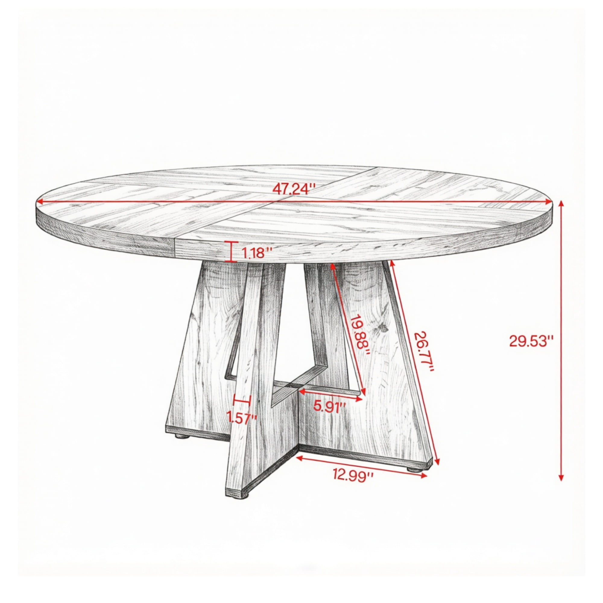 Round Farmhouse Dining Table, 47 in Diameter, Seats 4, Rustic Finish