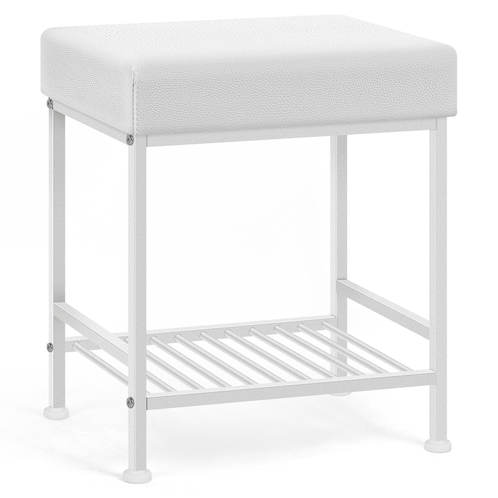 Small Ottoman with Storage Shelf, Square Ottoman Foot Rest Under Desk with Adjustable Leg, White Pouf Vanity Stool for Living Room, Bedroom