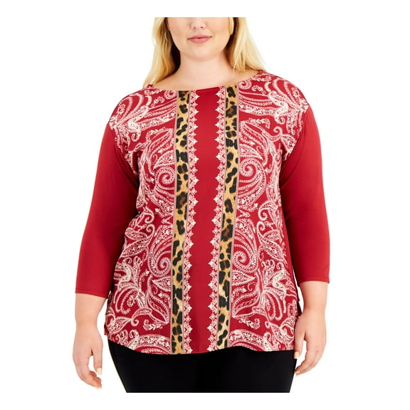 JM COLLECTION Womens Maroon Printed 3/4 Sleeve Boat Neck Top Plus 0X