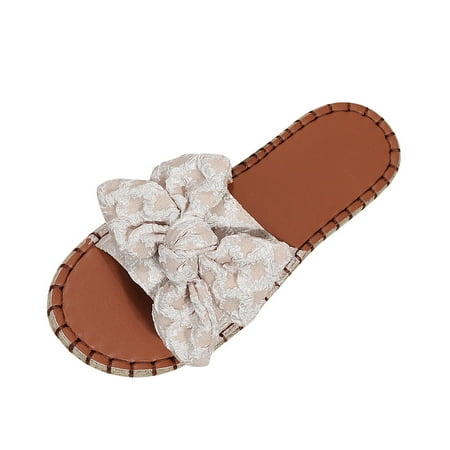 

Mortilo Bbow Decor Espadrille Sandals For Women Casual Bohemian Sandals Beach Shoes Flats Pu sandals for Women Beige