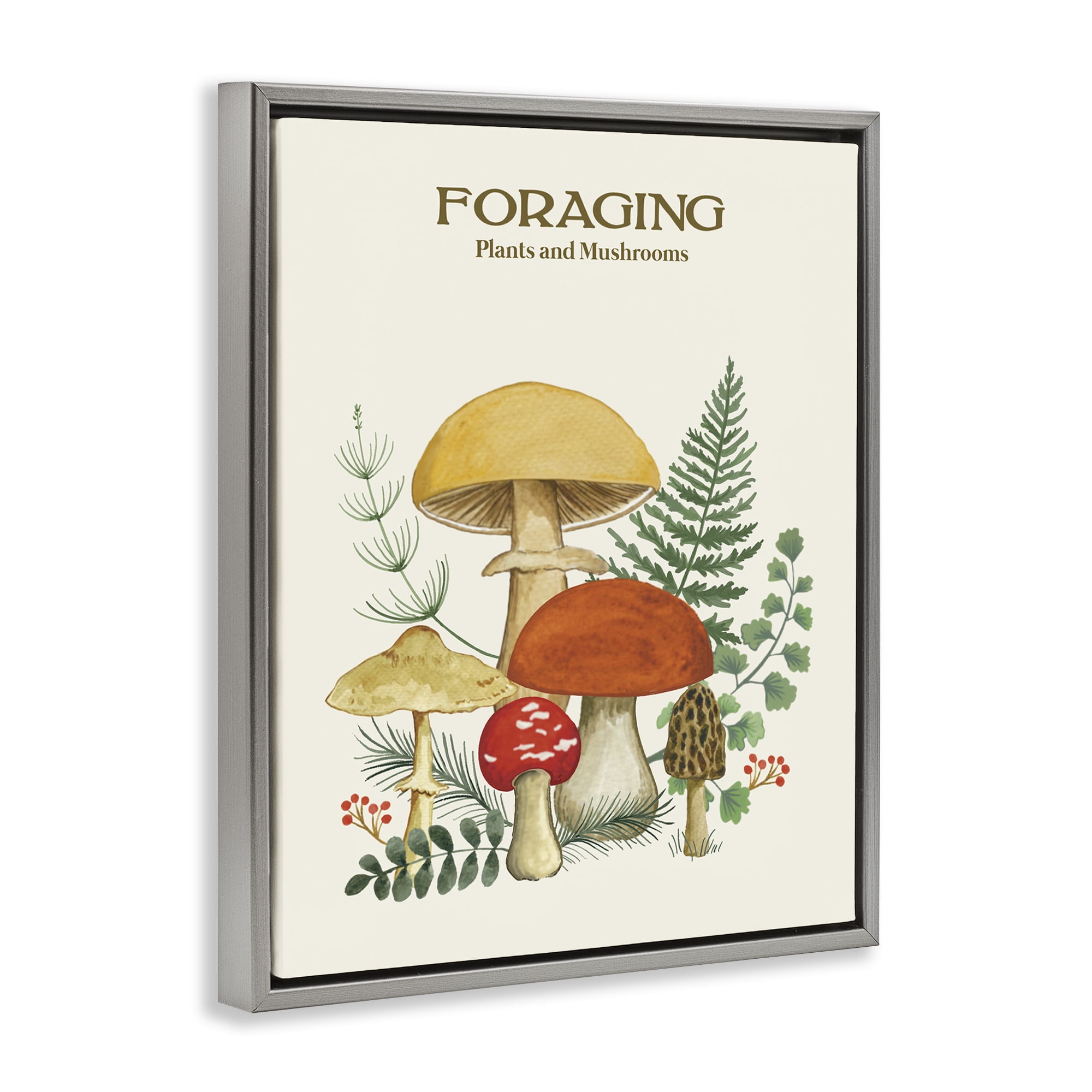 Stupell Industries Vintage Foraging Mushrooms Botanical & Floral Painting Gray Floater Framed Art Print Wall Art, 17 x 21