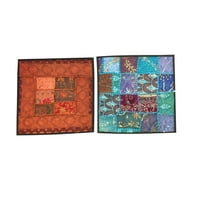 Mogul Ethnic Silk Cushion Cover Vintage Sari Border Patchwork Square Blue Pillow Cases 16" x 16"