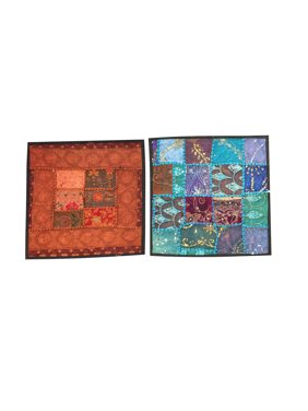 Mogul Ethnic Silk Cushion Cover Vintage Sari Border Patchwork Square Blue Pillow Cases 16" x 16"