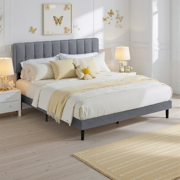 Simenmax Twin Upholstered Platform Bed Frame with Linen Headboard Wood Slat, Gray