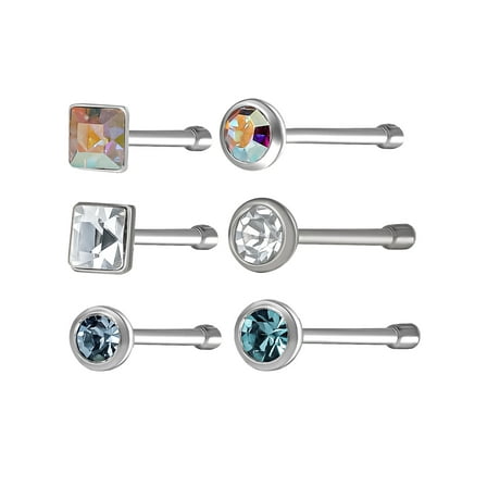 Body Jewelry Women's Crystal Accent, Stainless Steel, Nose Studs, 6 Pack