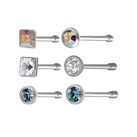 Women's Stainless Steel Crystal Accent Nose Studs 6-Pack Premium Body Jewelry
