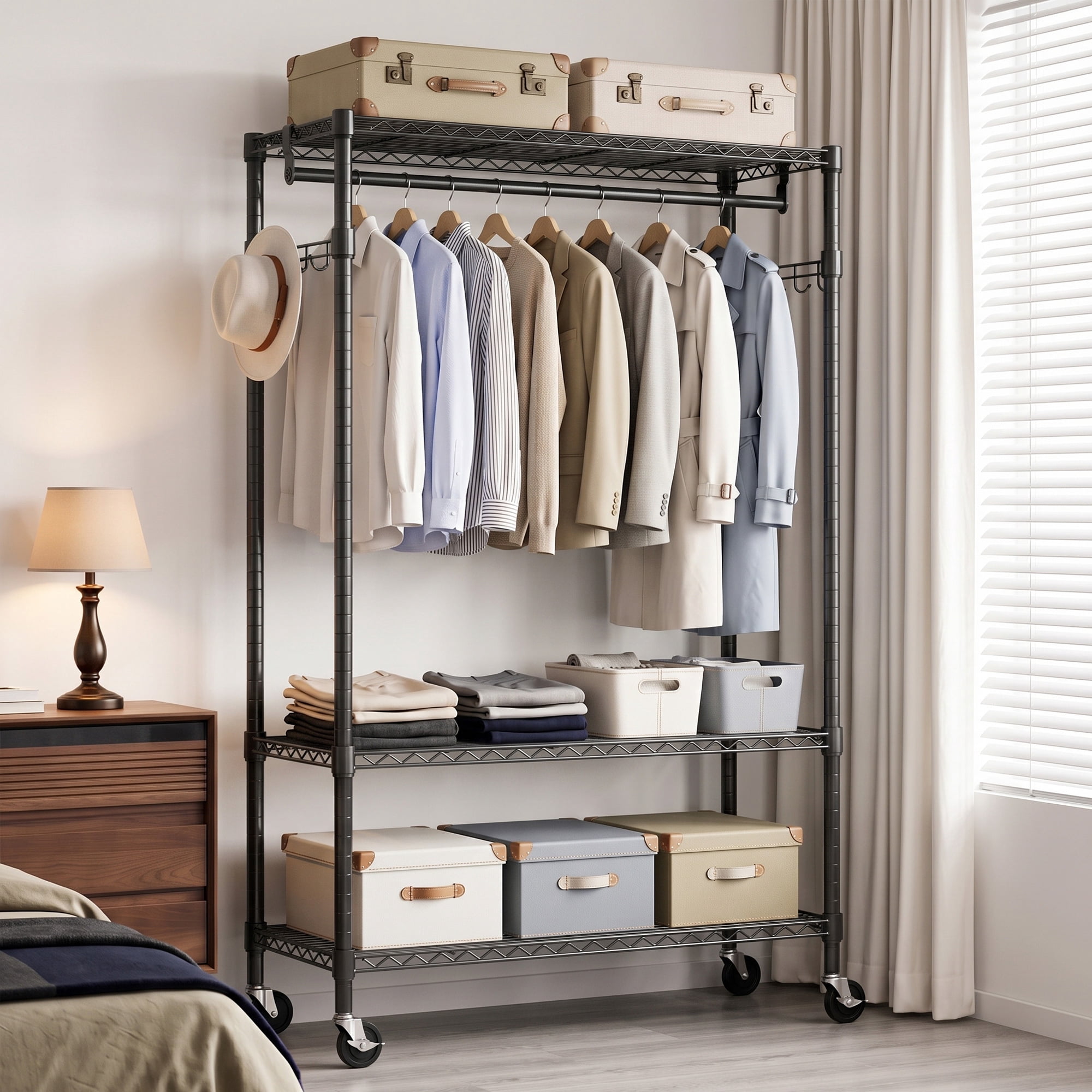 Leumius Heavy Duty Rolling Garment Rack, 3 Tiers Adjustable Wire Shelving Clothes Rack with Rods and Side Hooks,Storage Closet Clothing Rack with Wheels for Laundry Room Bedroom Cloakroom Black