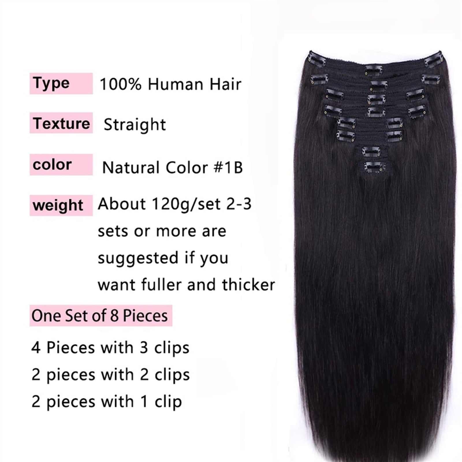 Clip In Human Hair Extensions, Real Remy Thick Straight Clip Ins Black Human Hair Extensions for Relaxed Hair 7 Pieces Per Set for Women, #1B 120 Gram