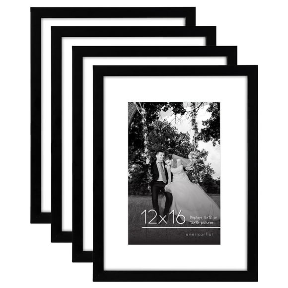 Americanflat 12x16 Picture Frame in Black - Set of 4 - Use as 8x12 Picture Frame with Mat or 12x16 Frame Without Mat - Engineered Wood with Shatter Resistant Glass - Horizontal and Vertical Formats