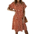 thumbnail image 1 of Femmes Polka Dot Taille Haute Boutons de Fermeture Col Rond Volants Manches Courtes Midi Robe, 1 of 7