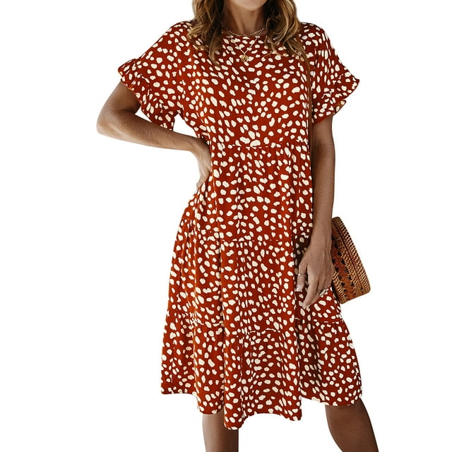 Femmes Polka Dot Taille Haute Boutons de Fermeture Col Rond Volants Manches Courtes Midi Robe