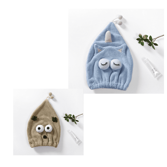 2PCS Coral Velvet Hair Dryer Cap Hair Dryer Cap Cartoon Kids Cute Animal Absorbent Shower Cap,B