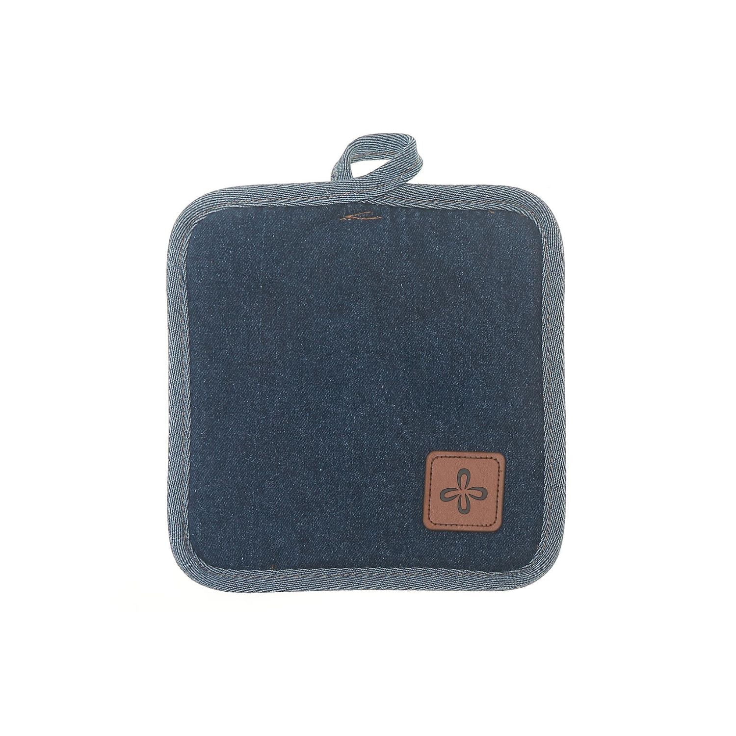 Denim Pot Holder With Leather Badge - Set of 4