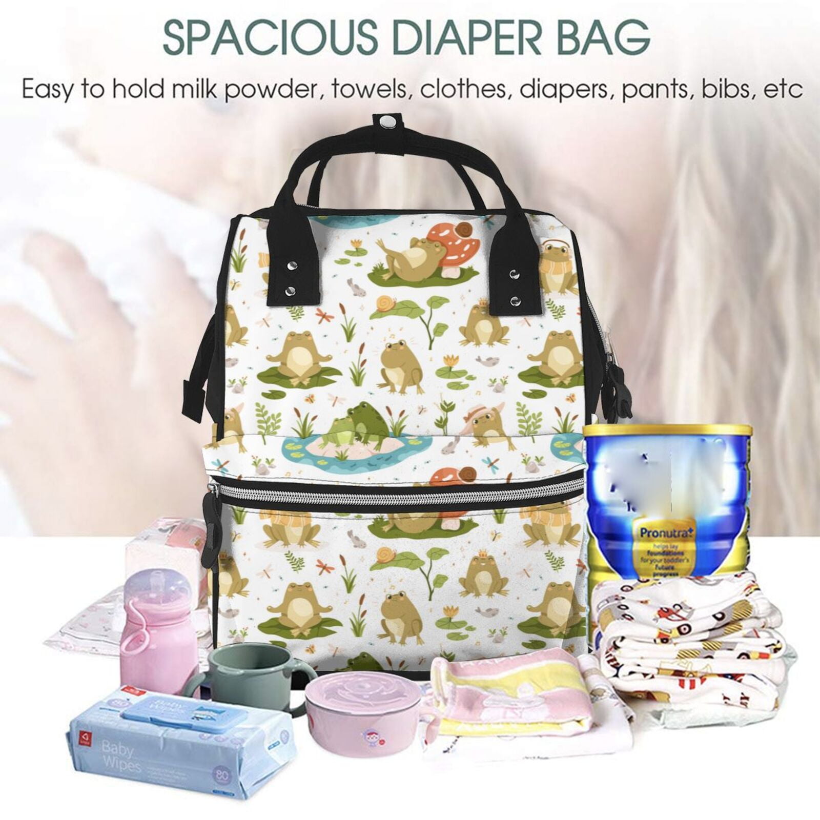 Ratiio Cute Frog Mummy Backpack - Waterproof Twill Canvas, Large Capacity Diaper Bag with Multiple Pockets and Adjustable Straps