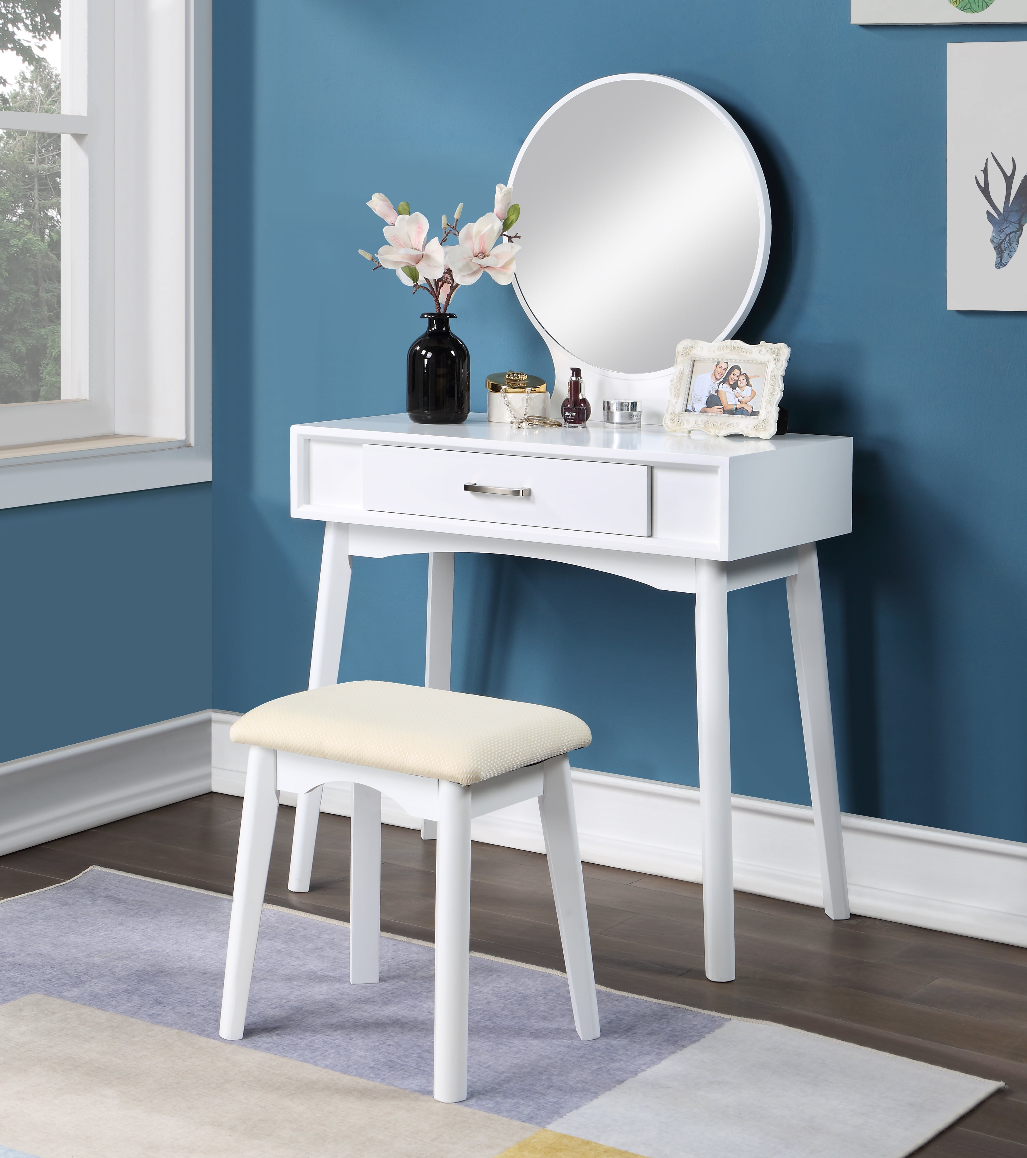 Mintazer Modern Vanity Table Set, Round Mirror Makeup Dressing Table with Drawers & Upholstered Stool for Bedroom, White