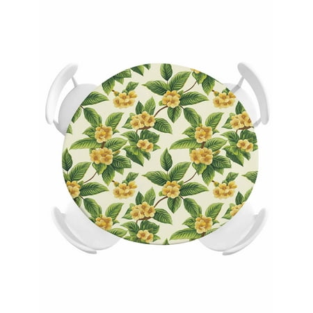 Round Fitted Tablecloth Yellow Flower Green Leaves Seamless Circle Table Cover Waterproof Table Cloth with Elastic Edge Watercolor Floral Outdoor Tablecloths for Kitchen Picnic 36-44in