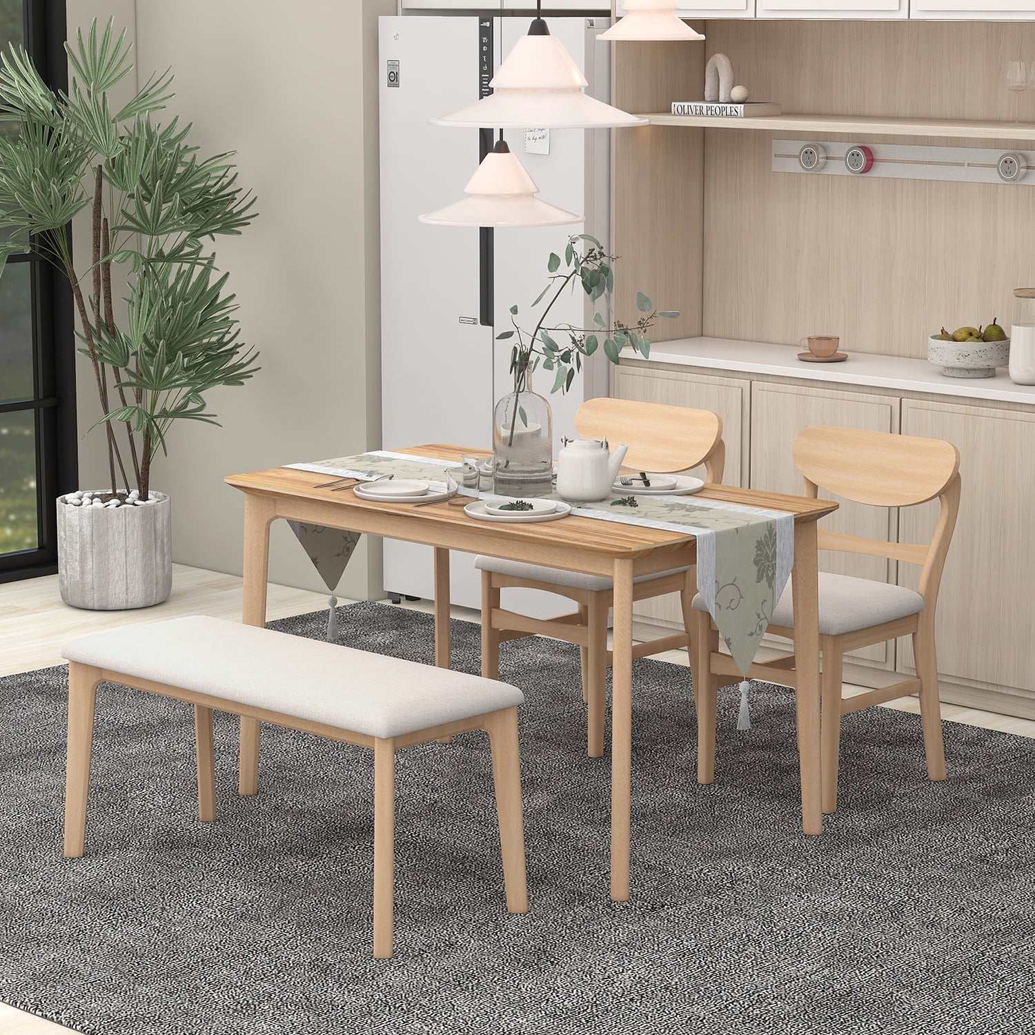 Kadyn Dining Table Set for 4, Solid Wood Dining Set with 2 Chairs and 1 Bench, Modern Dining Table Set for Dining Room, Natural Wood Wash Kadyn Dining Table Set for 4, Solid Wood Dining Set with 2 Chairs and 1 Bench, Modern Dining Table Set for Dining Room, Natural Wood Wash