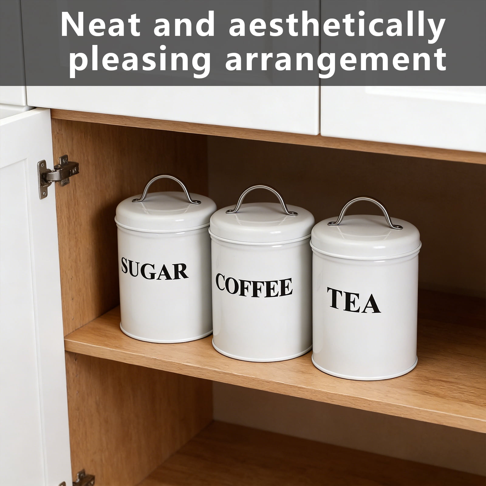 Pethiy Tea Coffee Sugar Canister Set,Airtight Food Storage Canister,Vintage, Farmhouse Metal Containers with Lids, Coffee, Tea, Sugar Set Canister With Tray for Food Storage,3 Pack,White