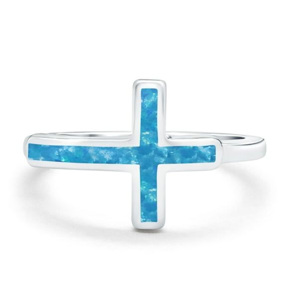 Sideways Cross Band Ring Lab Created Blue Opal 925 Sterling Silver Size 4