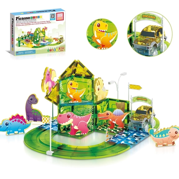 PicassoTiles Race Track Magnetic Tiles for Kids with 2 Racing Cars – 89PCS STEM Construction Building Blocks Educational Toy Set