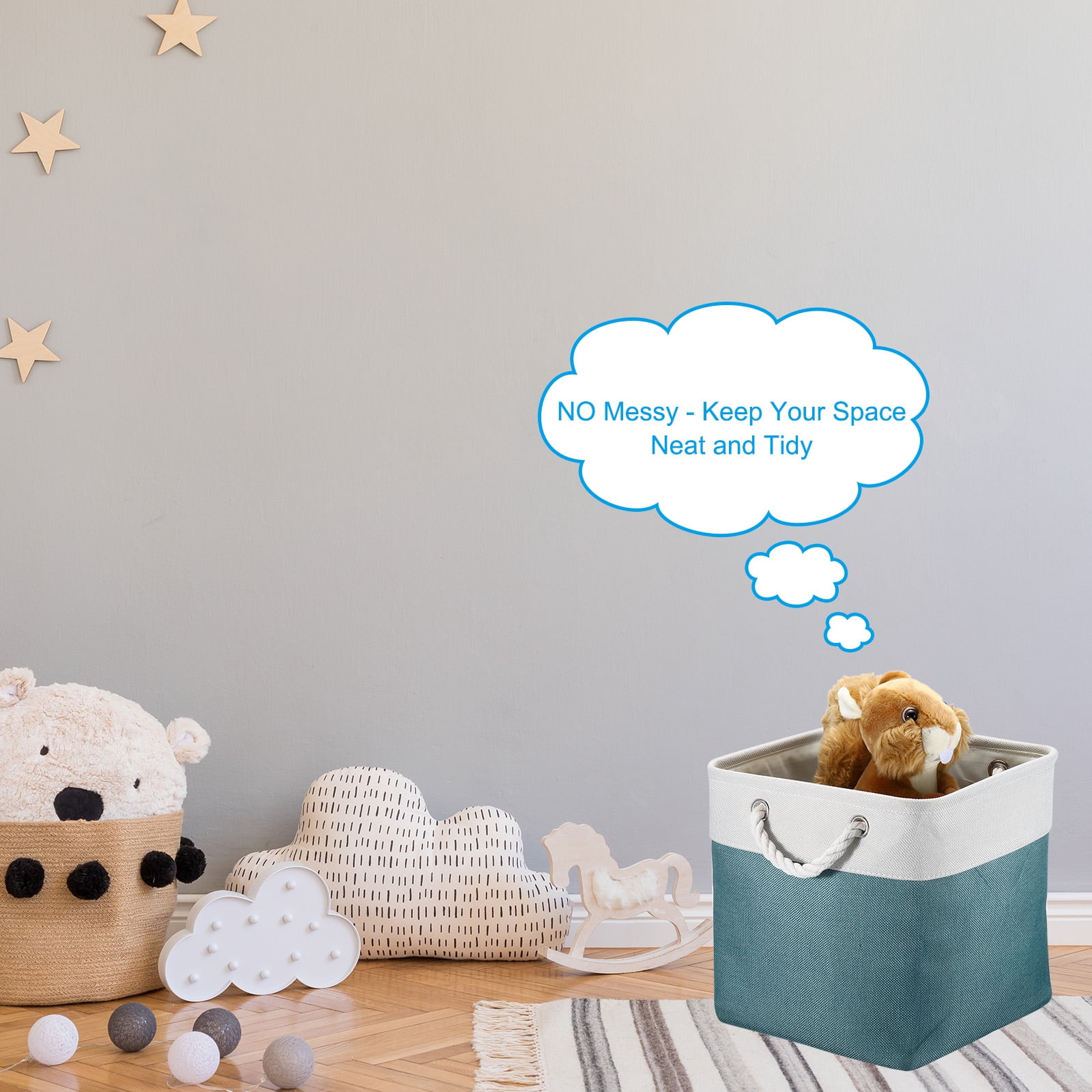 Unique Bargains Storage Baskets Fabric Collapsible Cube Basket w Handles White, Light Blue