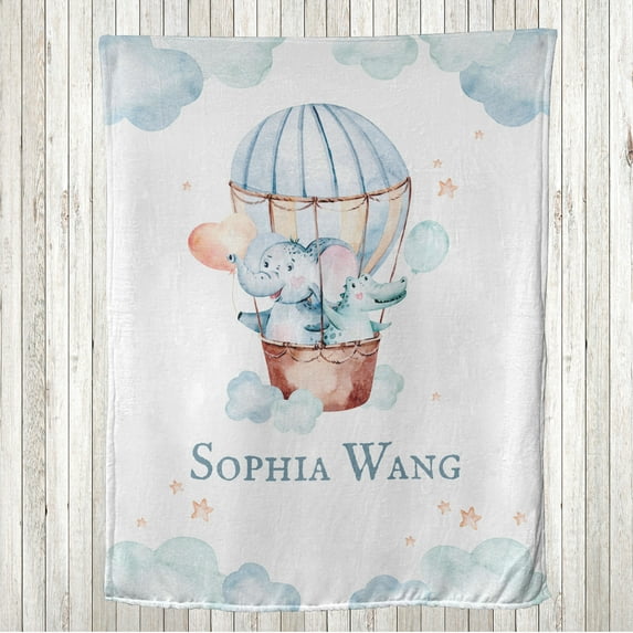 Hot Air Balloon Throw Blanket, Crocodile and Elephant Friends with Pastel Clouds and Stars, Flannel Fleece Accent with Custom Name Photo Backdrop, 80" x 60", Pale Blue Peach and Rust, by Ambesonne