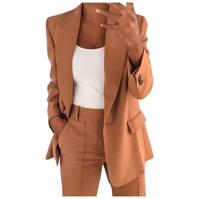 Ladies Work Suit Solid Color Blazer V Neck Cardigan Button Down Pockets Jacket Single Breasted Outwear Comfy Loose Blouse