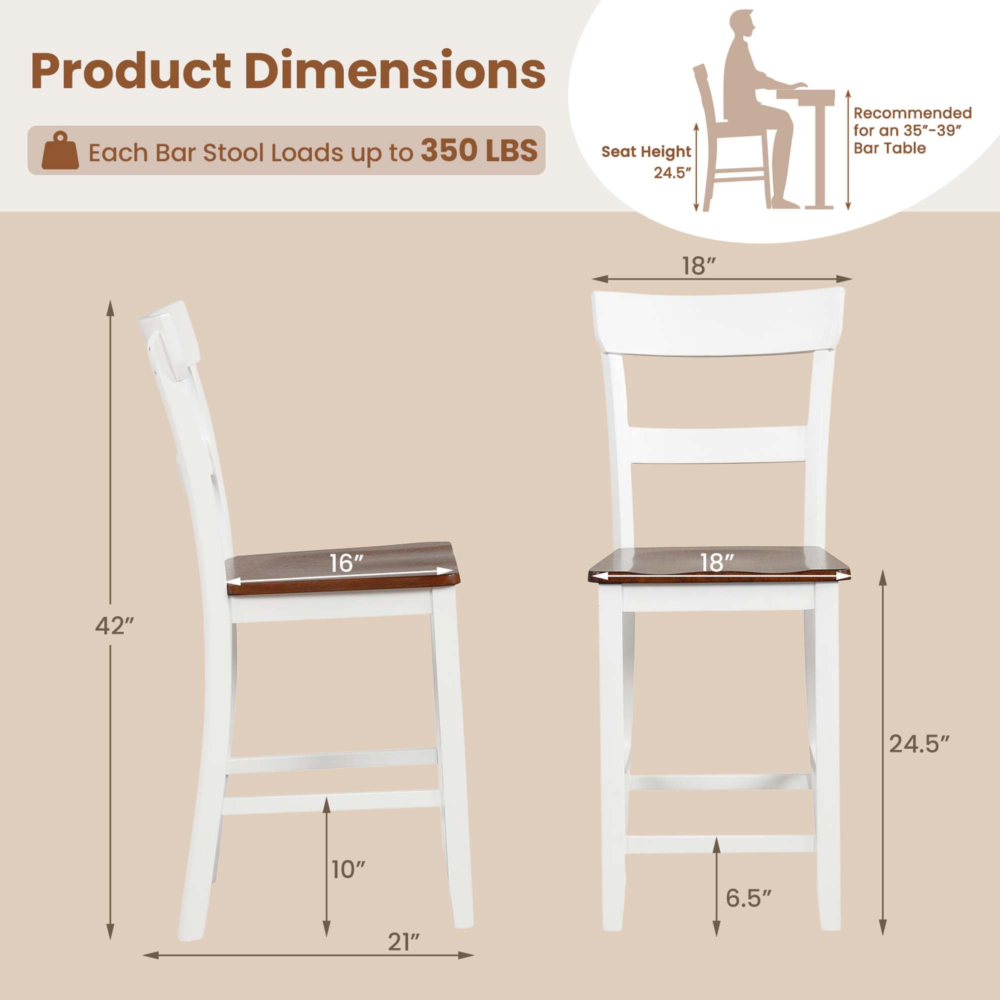 Costway Wooden Bar Stool Set of 4 Bar Chairs with LVL Rubber Wood Frame, Backrest, Footrest White