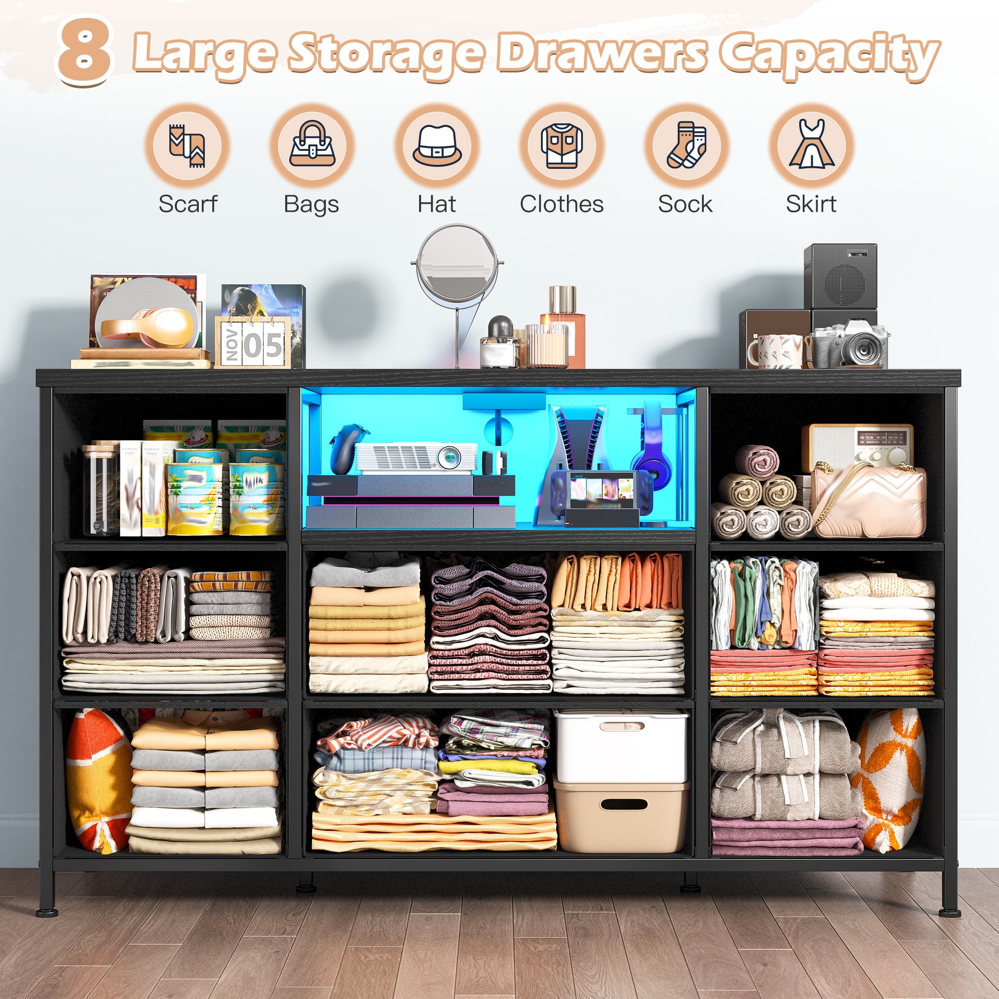 Black Dresser for Bedroom with Charging Station and LED Lights,55 inch TV Stand with 8 Fabric Drawer,Chest of Drawers with Open Shelves for Entryway, Living Room, Closet