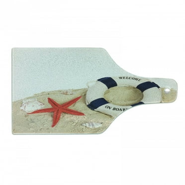 Coastal Cutting Board, and Shells Starfishes at Sandy Beach Coast Seaside Transport, Decorative Tempered Glass Cutting and Serving Board, Wine Bottle Shape, Navy Blue Eggshell Red, by Ambesonne