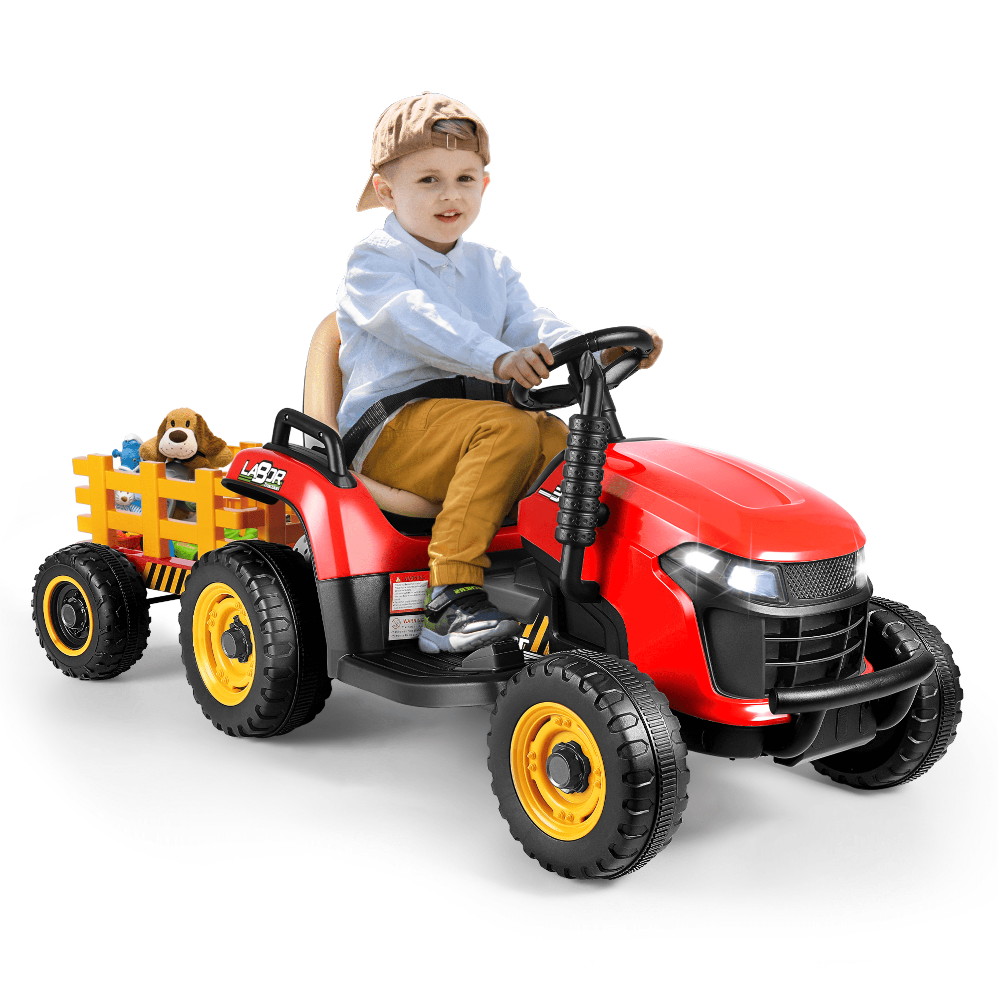 TOKTOO 12V Powered Ride on Tractor w/ Tippable Trailer, Remote Control, MP3, Bluetooth, LED light, Electric Car for Kids-Red