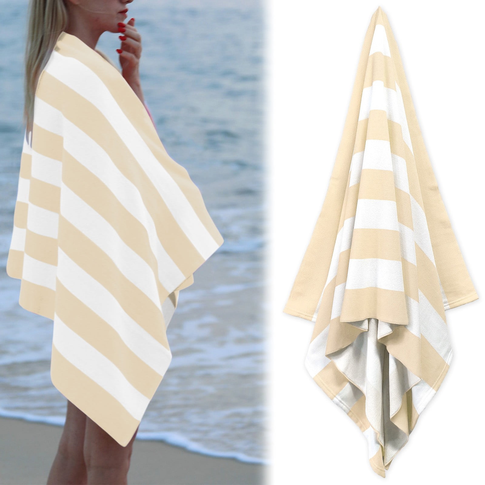 Large Oversized Beach Towel - Big Size Cotton 35 x 70 Inch Striped Pool Towel, Large Cabana Soft Swimming Towel for Adult Men Women, (Beige)