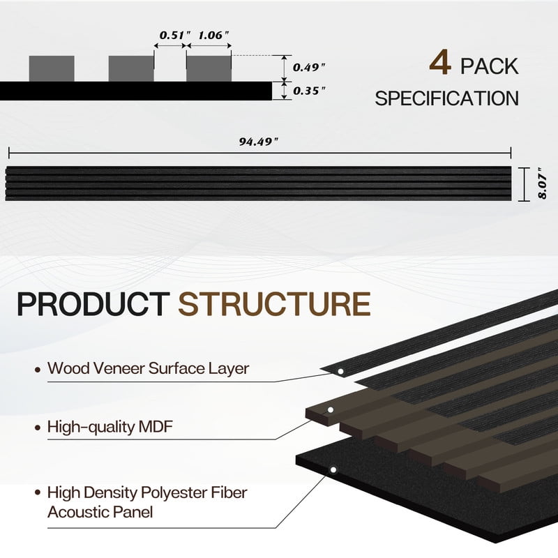 Wood Wall Panels, 8 Feet Acoustic Slat Wall Panels for Interior Wall Decor and Noise Reduction, Decorative Slat Wall Paneling, Dark Oak, 7.87"x94.48"Acoustic Panels, 4-Piece