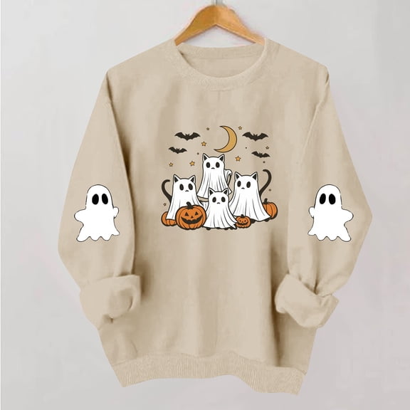 BVOFAR Halloween Sweatshirts for Women Plus Size Ghost Graphic Pullovers Fall Going Out Round Neck Long Sleeve Sweater Tops Halloween Costumes Khaki L