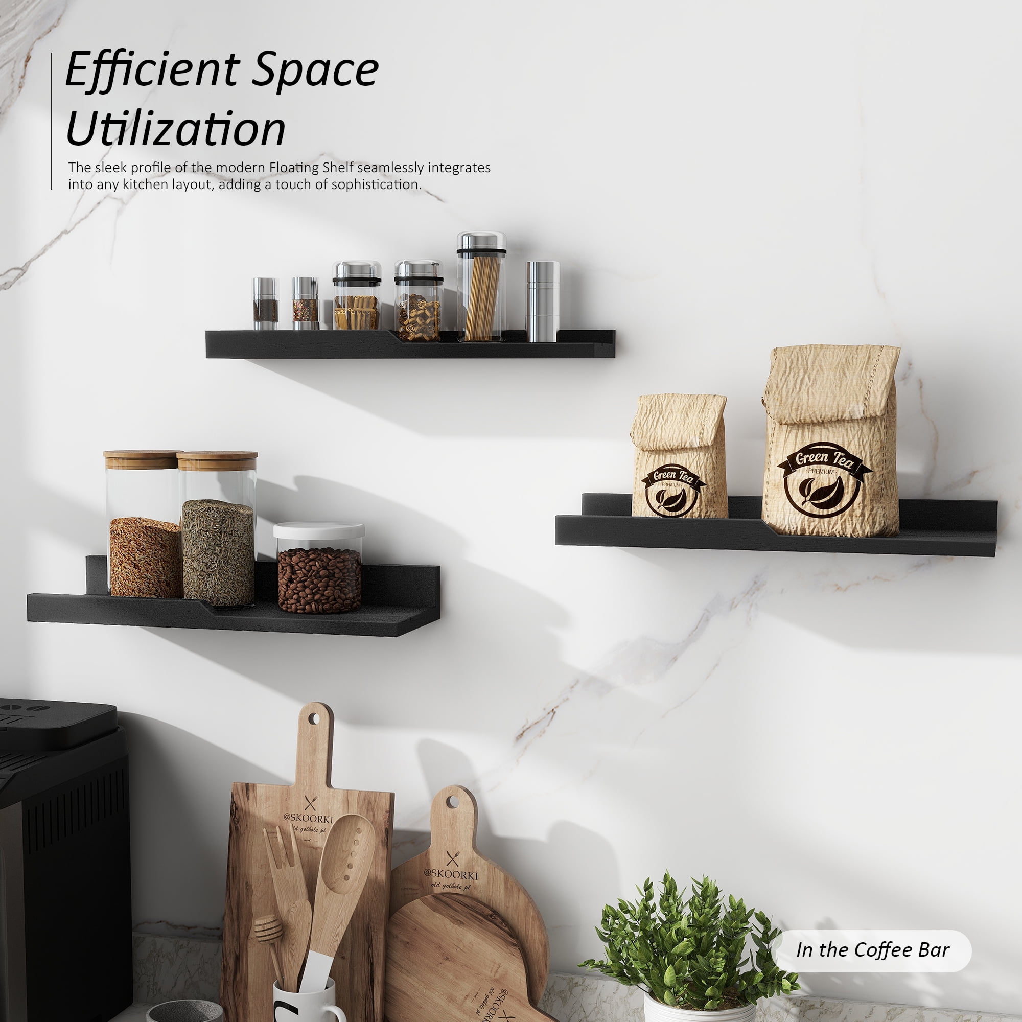 Rebee Vision Modern Floating Shelves Set of 3 : Farmhouse Wall Mounted Bedroom Decor Aesthetic for Multifunctional Storage and Rustic Small Shelf for Apartment Essentials (Stylish Black)