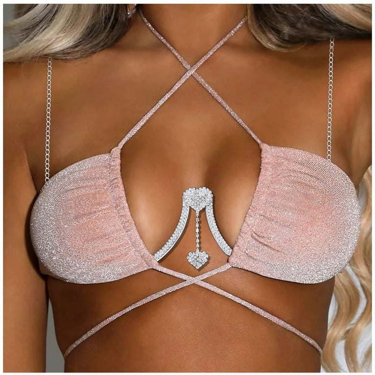Rhinestone Chest Bracket Chain Trendy Crystal Heart Pendant Chest Bracket  Bra Chain Sexy Bikini Bra Body Chain Jewelry for Women
