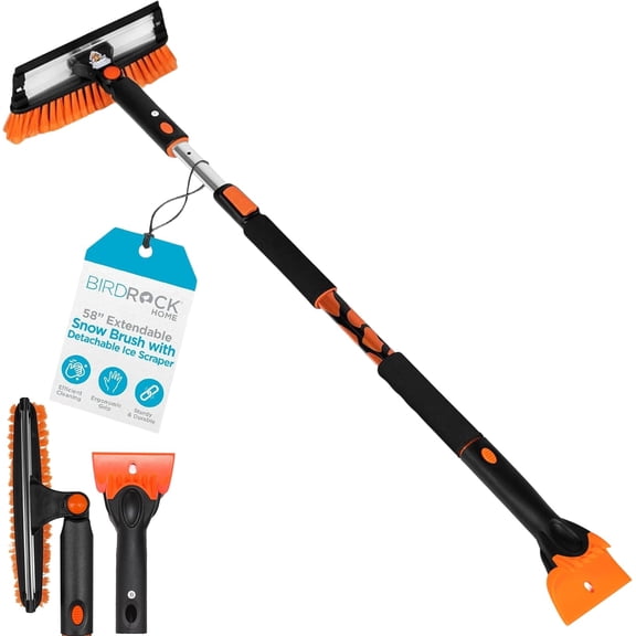 58" Extendable Snow Brush with Detachable Ice Scraper | 11" Wide Squeegee & Bristle Head | Lightweight Aluminum Body with Ergonomic Grip | No Scratch Winter Cleaning Tool for Cars & SUVs