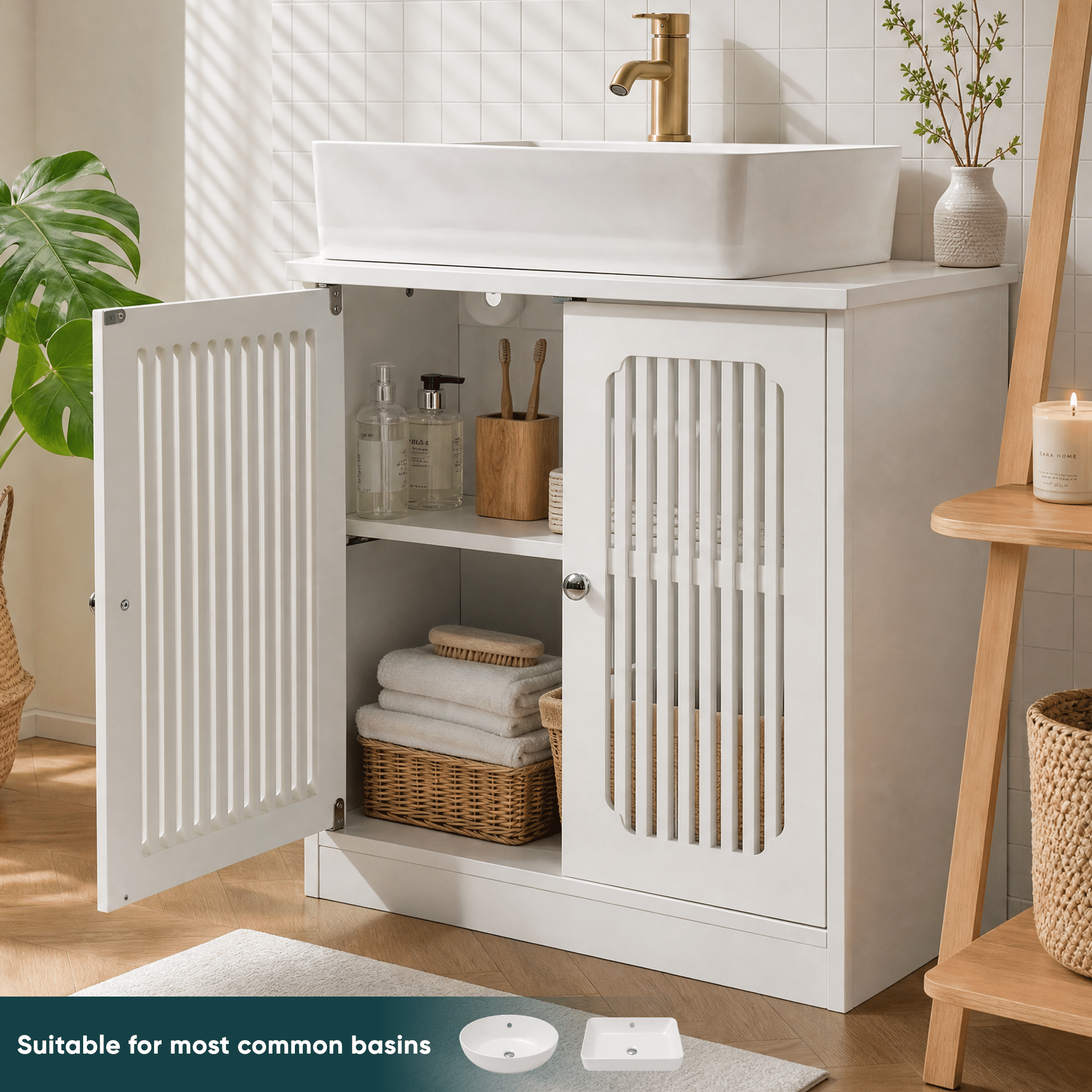 White Louvered Double Door Freestanding Bathroom Vanity Cabinet (Sink Not Included), Moisture Resistant MDF Storage Cabinet with Adjustable Internal Shelf
