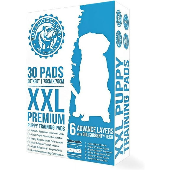 Bulldogology Puppy Pee Pads XXL with Adhesive Sticky Tape - Extra Large Dog Training Wee Pads (30x30) 6 Layers with Extra Quick Dry Bullsorbent Polymer Tech (30-Count, White)