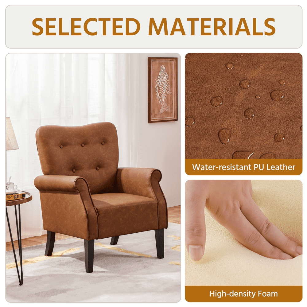 Alden Design Mid-century Faux Leather Accent Chair with Tufted High Back for Living Room, Retro Brown