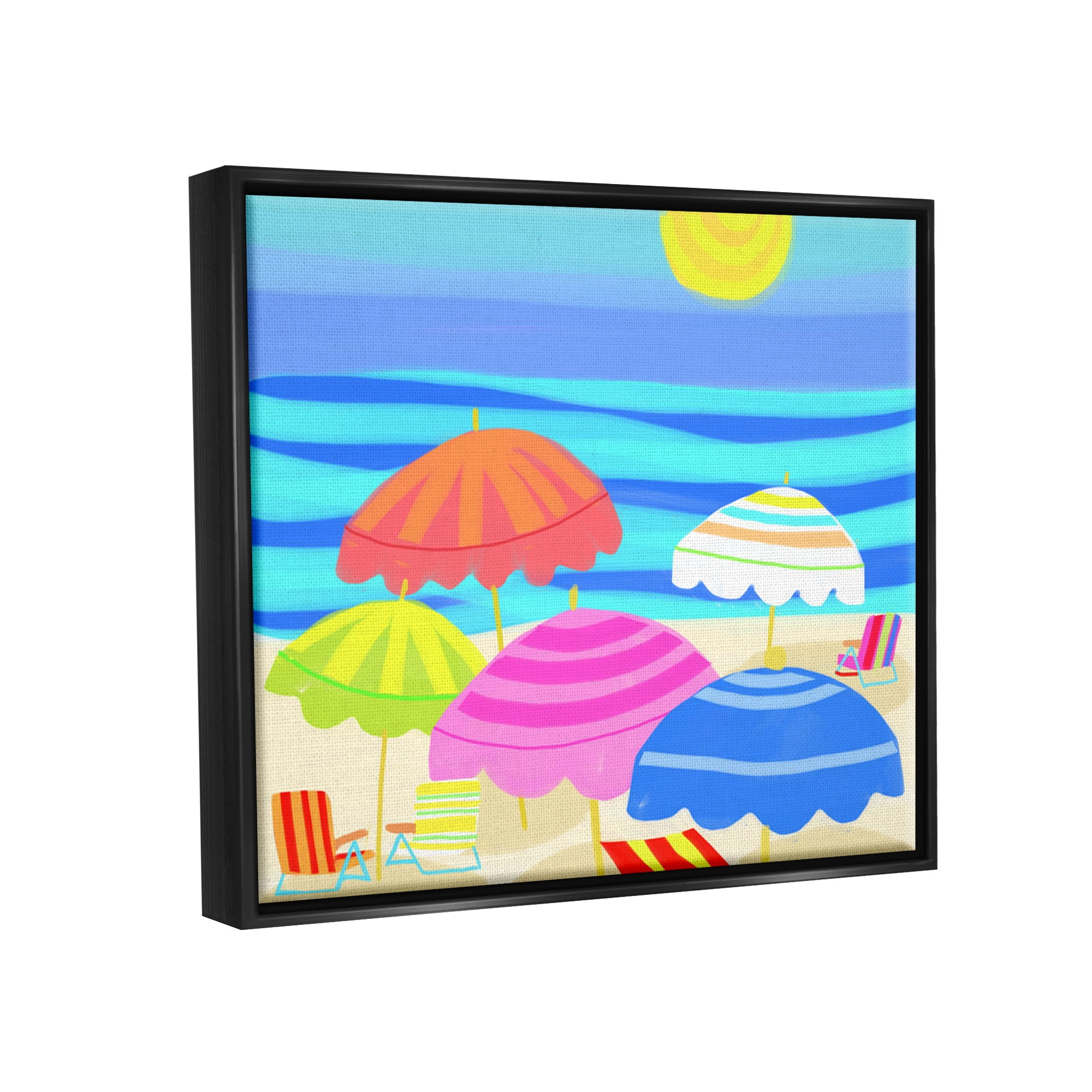 Stupell Industries Vibrant Sun Umbrellas Summer Beach Shore Scene Graphic Art Jet Black Floating Framed Canvas Print Wall Art, Design by Maret Hensick