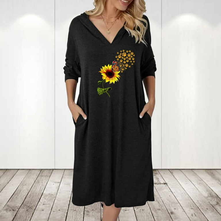 qolati Women's Long Sleeve Hooded Dress Casual Oversized Pullover Tunic  Sweatshirt Mini Dress Cozy Soft V Neck Home Wear Pajama Dress - Walmart.com