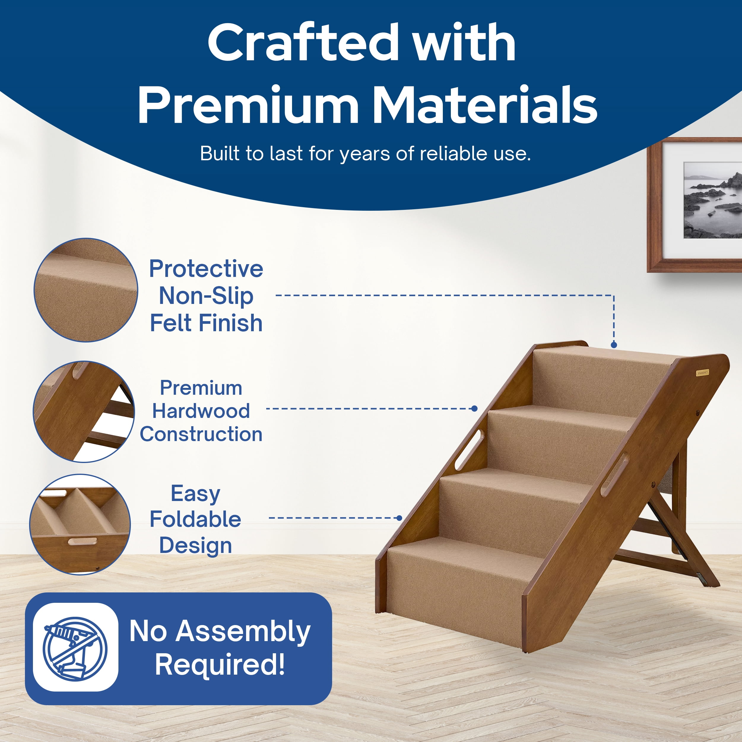MECO Stakmore Foldable Pet Steps with Solid Fruitwood Construction, w/Brown Felt