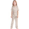 thumbnail image 3 of BAYAIXZ Silk Pajamas for Kids Little Baby Girls Boys Pajamas Set Satin Silk Short Sleeves Sleepwear 2 Piece Set Button Down Classic Loungewear Set (Khaki,6-7 Years), 3 of 6