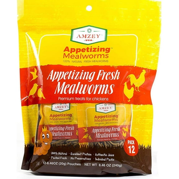Amzey Fresh Mealworms 8.4 oz (1600 Count Total, 12 Bags), No Preservatives - Superior to Live Mealworms - Premium Food for Leopard Gecko, Exotic Bird, Sugar Glider, Hedgehog