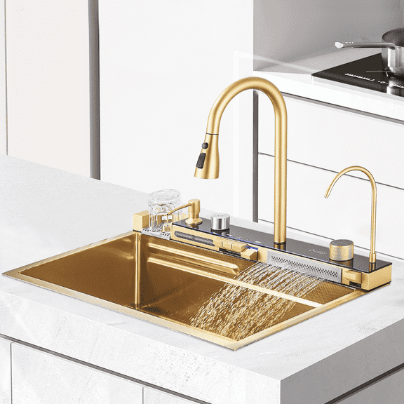 Kitchen Sink 304 Stainless Steel Single Bowl Kitchen Sinks, Digital Display Waterfall Sink, With Pull Down Sprayhead Faucet, With Pressurized Cup Washer and Two Waterfalls