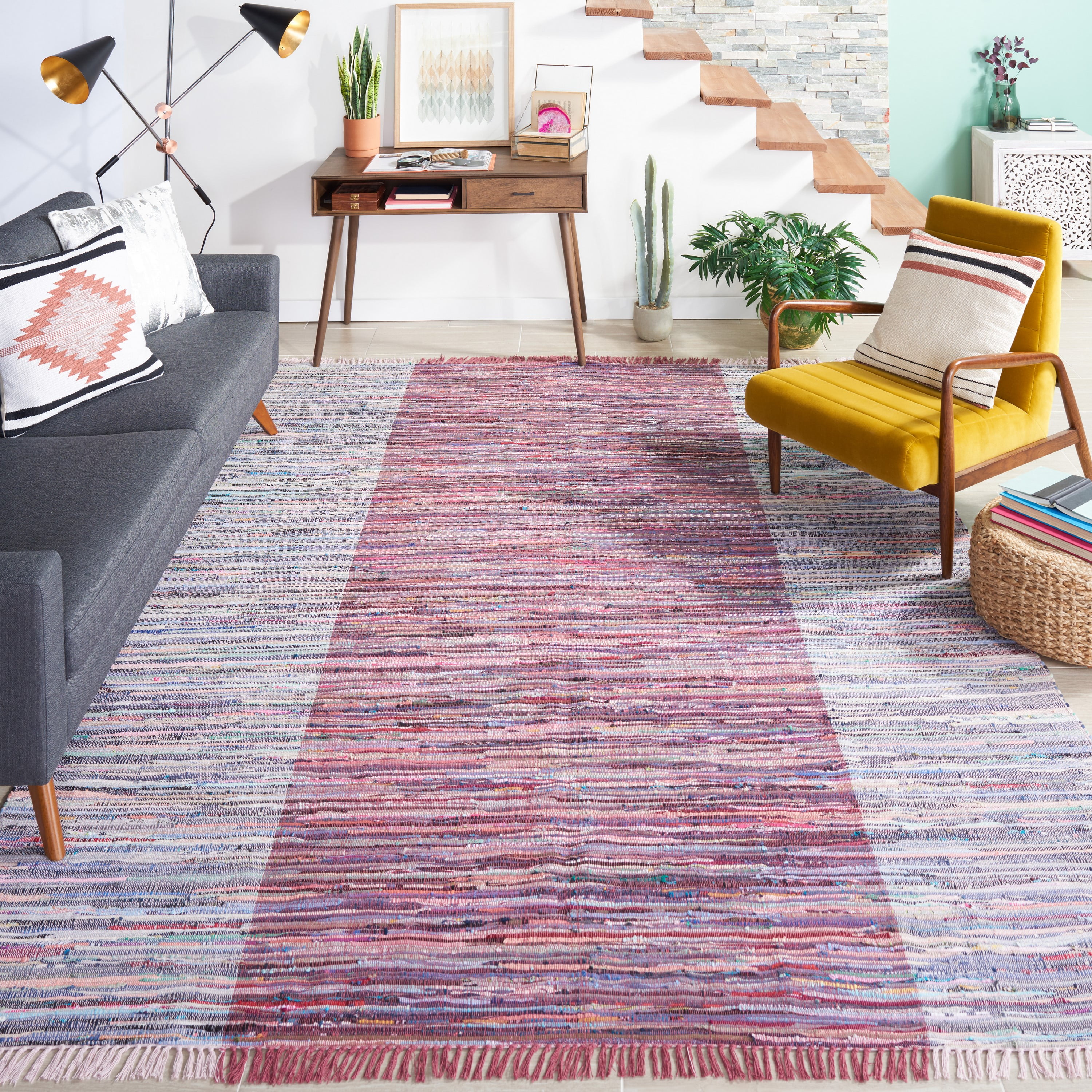 SAFAVIEH Rag Romeo Striped Fringe Cotton Area Rug, Red/Grey, 9' x 12'