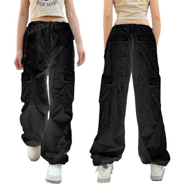 Sunloudy Women's Spring Autumn Casual Cargo Pants Mid Waist Multi-pockets  Drawstring Straight Leg Pants
