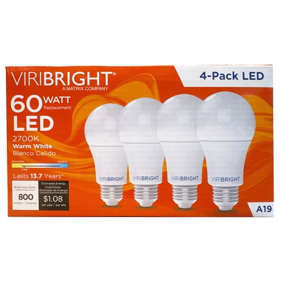 Viribright® A19 LED Bulb, E26, 60W Eq, Dimmable, 810 Lumens, CEC, 90  CRI, Warm White 2700K (4 Pack)