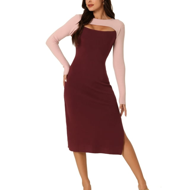 INSPIRE CHIC Robe Midi en Tricot pour Femme 2023 Automne Hiver à Manches Longues, Découpes, Col Rond, Blocs de Couleur, Ourlet Fendu, Rose-Rouge Vin G